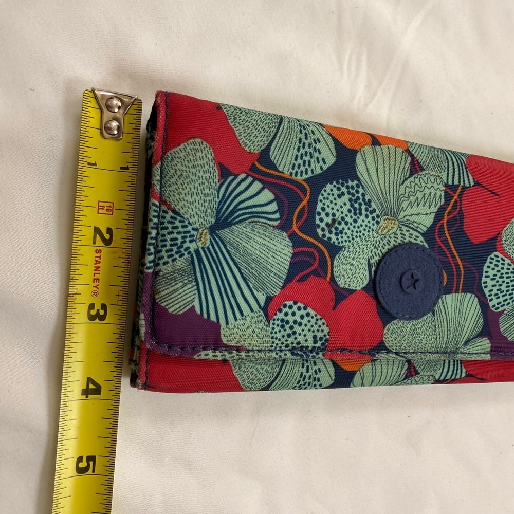 Kipling Floral Nylon Trifold Wallet Red Green Purple with Monkey Keychain - Picture 6 of 11